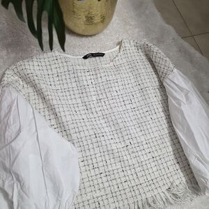 Zara White Tweed Blouse with Puff Sleeves